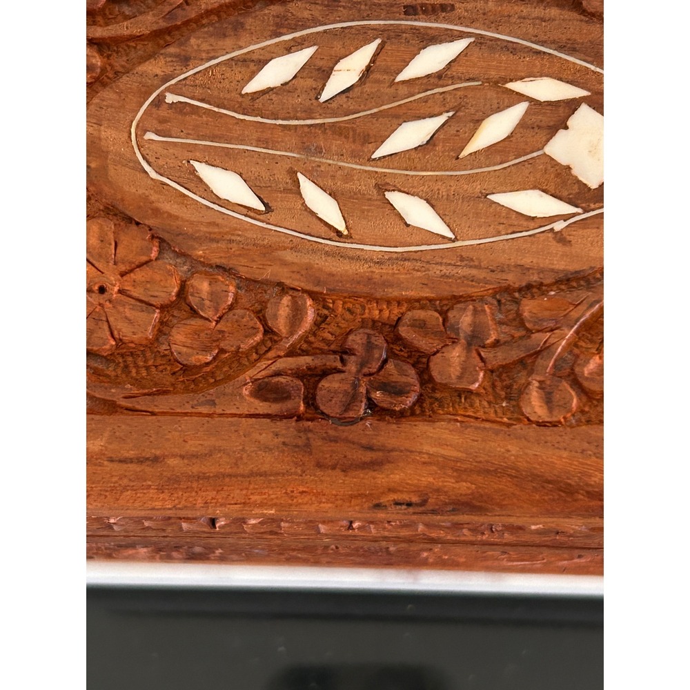 Vintage Hand Carved Floral Wood Jewelry Box Shell Inlay Blue Velvet Lined - Picture 11 of 16